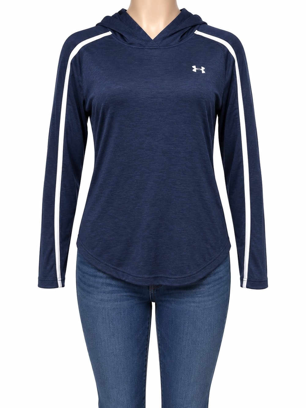 Under Armour Women's Navy Hooded Long Sleeve Pullover with White Stripe